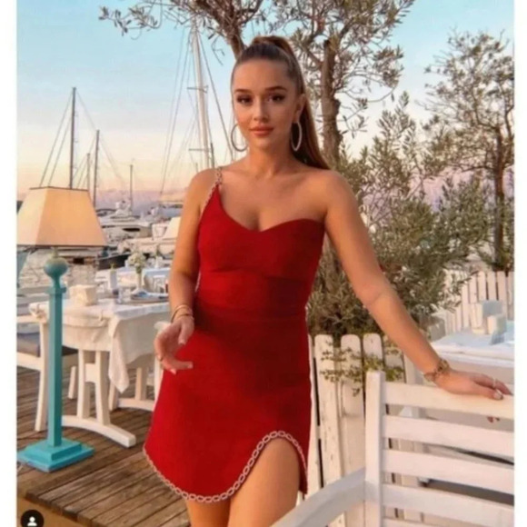 Zara Chain Trim Asymmetric Mini Dress Red Tweed Blogger Fave Size Large NWT - Picture 4 of 16